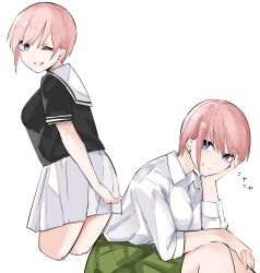Rule 34 | 1girl, ;d, absurdres, alternate costume, arm support, black shirt, blue eyes, breasts, closed mouth, commentary request, cowboy shot, dress shirt, eyebrows hidden by hair, eyelashes, from side, go-toubun no hanayome, green skirt, grin, hair between eyes, hand on own cheek, hand on own face, head rest, highres, large breasts, leaning forward, light blush, looking at viewer, mame1645, miniskirt, multiple persona, nakano ichika, one eye closed, open mouth, pink hair, pleated skirt, sailor collar, school uniform, serafuku, shirt, short hair, short sleeves, simple background, sitting, skirt, sleeves rolled up, smile, solo, sound effects, white background, white sailor collar, white shirt, white skirt