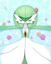 Rule 34 | 1girl, arms up, blue background, bob cut, closed eyes, colored skin, creatures (company), day, facing viewer, female focus, flat chest, flower, from above, game freak, gardevoir, gen 3 pokemon, green hair, green skin, hair between eyes, happy, highres, lying, muguet, multicolored skin, nintendo, on back, open mouth, outdoors, outstretched arms, partially submerged, petals, petals on liquid, pink flower, pokemon, pokemon (creature), red flower, short hair, smile, solo, spread arms, straight-on, two-tone skin, u u, water, white skin, yellow flower