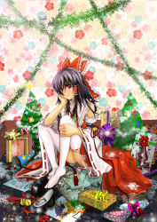 Rule 34 | 1girl, acatindoor, bad id, bad pixiv id, bell, bow, brown hair, candy, candy cane, christmas, christmas tree, clog sandals, detached sleeves, female focus, food, gift, hair bow, hakurei reimu, indoors, okobo, panties, red eyes, ribbon-trimmed thighhighs, ribbon trim, sandals, short hair, solo, thighhighs, touhou, underwear, white thighhighs