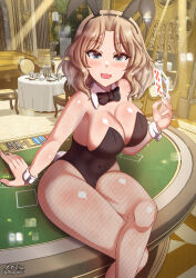 Rule 34 | 1girl, animal ears, black bow, black bowtie, black leotard, blonde hair, blue eyes, blush, bow, bowtie, breasts, card, casino, cleavage, covered navel, fake animal ears, fake tail, fishnet pantyhose, fishnets, girls und panzer, highres, indoors, kay (girls und panzer), large breasts, leotard, long hair, looking at viewer, megadeko, open mouth, pantyhose, playboy bunny, playing card, rabbit ears, rabbit tail, sitting, smile, solo, tail