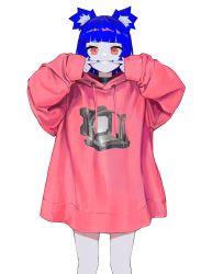 Rule 34 | 1girl, absurdres, animal ears, black choker, blue hair, blue nails, choker, commentary, drawstring, english commentary, feet out of frame, fukouna shoujo 03, grin, gris (vertigris), highres, hood, hoodie, nail polish, original, oversized clothes, pink eyes, pink hoodie, short hair, simple background, smile, solo, vertigris, white background