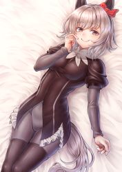 Rule 34 | 1girl, animal ears, bed sheet, black hairband, black shirt, black thighhighs, blush, bodysuit, bodysuit under clothes, breasts, caren hortensia, caren hortensia (cosplay), closed mouth, cosplay, curren chan (umamusume), donkikong (pixiv17278003), ear covers, fate/grand order, fate (series), hair between eyes, hairband, highres, horse ears, horse girl, horse tail, medium breasts, name connection, pantyhose, puffy short sleeves, puffy sleeves, purple eyes, shirt, short hair, short sleeves, silver hair, smile, solo, tail, thighhighs, umamusume