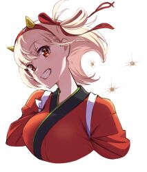 Rule 34 | 1girl, beans, blonde hair, breasts, bright pupils, commentary request, eyes visible through hair, fake horns, grin, hair between eyes, hair ribbon, hairband, head tilt, horns, hyoe (hachiechi), japanese clothes, kimono, large breasts, light blush, looking at viewer, lycoris recoil, nishikigi chisato, nose, one side up, oni horns, red eyes, red hairband, red kimono, red ribbon, ribbon, school uniform, setsubun, shaded face, short hair, simple background, smile, upper body, white background, white pupils, wind, wind lift
