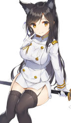 Rule 34 | 1girl, aiguillette, animal ears, atago (azur lane), azur lane, badge, black hair, black thighhighs, breasts, buttons, double-breasted, feet out of frame, garter straps, gloves, has bad revision, has downscaled revision, highres, invisible chair, knees together feet apart, large breasts, long hair, long sleeves, looking at viewer, md5 mismatch, military, miniskirt, mole, mole under eye, resolution mismatch, revision, rikoma, sheath, sheathed, side slit, simple background, sitting, skirt, solo, source smaller, swept bangs, sword, tareme, thighhighs, very long hair, weapon, white background, white gloves, white skirt, yellow eyes