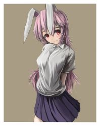 Rule 34 | 1girl, absurdres, animal ears, arched back, arms behind back, breasts, rabbit ears, grey background, hair ornament, hairclip, highres, light purple hair, long hair, looking at viewer, pleated skirt, red eyes, reisen udongein inaba, short sleeves, skirt, smile, solo, tachitsuki, tatetsuki, touhou
