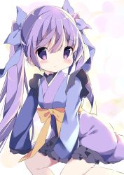Rule 34 | 1girl, blush, bow, copyright request, hair bow, hamada pengin, highres, japanese clothes, long hair, long sleeves, princess connect!, purple eyes, purple hair, sidelocks, sitting, solo, twintails