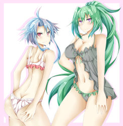 Rule 34 | 2girls, ahoge, ass, ass grab, back, bare shoulders, blanc (neptunia), blue hair, blush, breasts, butt crack, cleavage, green heart (neptunia), grin, large breasts, lingerie, long hair, looking at viewer, multiple girls, neptune (series), olly (ollycrescent), panties, ponytail, purple eyes, red eyes, shiny skin, short hair with long locks, smile, underwear, vert (neptunia), very long hair, white heart (neptunia)