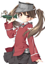 Rule 34 | 10s, 2girls, aircraft, airplane, arrow through heart, brown eyes, brown hair, fairy (kancolle), kani biimu, kantai collection, long hair, looking at viewer, magatama, mini person, minigirl, multiple girls, personification, ponytail, ryuujou (kancolle), simple background, skirt, smile, suisei (kancolle), translation request, twintails, visor cap, white background