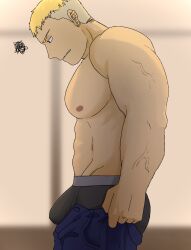 Rule 34 | 1boy, abs, bara, black male underwear, blonde hair, bulge, denim, dounoo, dressing, from side, highres, i&#039;ve never seen a guy recreate this successfully tbh (meme), jeans, large pectorals, looking at bulge, male focus, male underwear, meme, multicolored hair, muscular, muscular male, nipples, open pants, original, pants, pants lift, pectorals, short hair, sideburns, solo, squiggle, stomach, topless male, two-tone hair, undercut, undersized clothes, underwear, veins, veiny arms