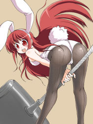 Rule 34 | 1girl, :d, animal ears, ass, bent over, blush, breasts, capcom, choker, covered erect nipples, fake animal ears, fishnet pantyhose, fishnets, hammer, huge weapon, kneepits, large breasts, long hair, monster hunter (series), naitou kouse, open mouth, pantyhose, playboy bunny, rabbit ears, rabbit tail, red eyes, red hair, smile, solo, tail, weapon