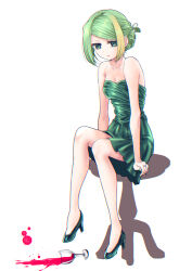 Rule 34 | 1girl, alina gray, alternate costume, alternate hairstyle, bare shoulders, blonde hair, breasts, chair, cleavage, closed mouth, cocktail dress, cup, dress, drinking glass, full body, green dress, green eyes, green hair, green nails, hair bun, high heels, highres, jewelry, looking down, magia record: mahou shoujo madoka magica gaiden, mahou shoujo madoka magica, medium breasts, multicolored hair, on chair, pinup (style), ring, satom, short hair, sidelocks, simple background, sitting, solo, spill, strapless, strapless dress, streaked hair, white background, wine glass