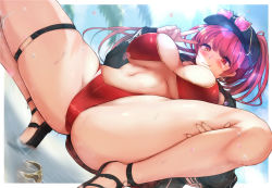 Rule 34 | 1girl, :p, bare legs, bikini, black footwear, black jacket, blush, border, breasts, breasts apart, closed mouth, day, eyewear on headwear, from below, fujita kanbe, heart, heart-shaped eyewear, heterochromia, hololive, houshou marine, houshou marine (summer), jacket, large breasts, long hair, long sleeves, looking at viewer, looking down, navel, o-ring, o-ring thigh strap, open clothes, open jacket, outdoors, outside border, pink-tinted eyewear, ponytail, red bikini, red eyes, red hair, sandals, shallow water, skindentation, smile, solo, sparkle, spread legs, squatting, stomach, sunglasses, sunlight, swimsuit, thick thighs, thigh strap, thighs, tinted eyewear, tongue, tongue out, underboob, v, virtual youtuber, water, white border, yellow-framed eyewear, yellow eyes