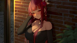 Rule 34 | 1girl, against wall, ame 816, bare shoulders, black choker, black shirt, blunt bangs, blush, breasts, brick wall, choker, cleavage, closed mouth, collarbone, commission, flower, hair flower, hair ornament, hand in own hair, highres, jewelry, large breasts, light, light particles, looking at viewer, off-shoulder shirt, off shoulder, original, outdoors, pendant, red eyes, red flower, red hair, shirt, solo, upper body