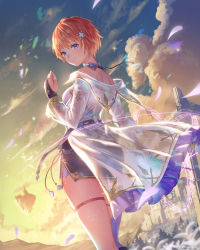 Rule 34 | 1girl, absurdres, anbe yoshirou, asymmetrical legwear, bare shoulders, blue eyes, blush, breasts, bridal gauntlets, closed mouth, cloud, cloudy sky, commentary request, gradient sky, hair ornament, hand up, highres, holding, looking at viewer, looking back, medium breasts, miniskirt, orange hair, orthia (ragnabreak), outdoors, see-through, shinma x keishou! ragnabreak, short hair, simple background, sk, skirt, sky, smile, solo, sunset, thigh strap, thighhighs, uneven legwear, wand