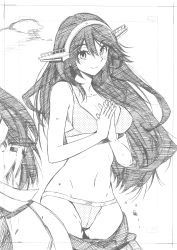 Rule 34 | 1girl, absurdres, bare arms, bikini, blush, breasts, cleavage, closed mouth, cloud, collarbone, cowboy shot, gluteal fold, greyscale, hair between eyes, haruna (kancolle), headgear, highres, kantai collection, kojima takeshi, large breasts, long hair, looking at viewer, monochrome, navel, outdoors, own hands together, polka dot, polka dot bikini, smile, solo focus, stomach, swimsuit, very long hair