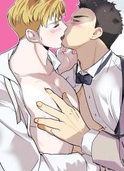 Rule 34 | 2boys, ao isami, bare pectorals, black hair, blonde hair, blush, bow, bowtie, couple, facial hair, formal, french kiss, from side, grabbing, highres, kiss, lewis smith, loose bowtie, male focus, multiple boys, ninjinchanbb, official alternate costume, pectoral docking, pectoral grab, pectoral press, pectorals, sideburns stubble, stubble, suit, thick eyebrows, yaoi, yuuki bakuhatsu bang bravern
