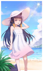 Rule 34 | 1girl, :d, absurdres, bare shoulders, beach, bird, blue sky, blunt bangs, blush, border, cloud, collarbone, commentary request, cumulonimbus cloud, day, diffraction spikes, dress, eyelashes, fang, feet out of frame, gradient dress, gradient hair, hand up, hat, highres, hololive, hololive english, kiwwwwwi, lens flare, lighthouse, long hair, looking at viewer, mole, mole under eye, mountainous horizon, multicolored hair, ninomae ina&#039;nis, ocean, open mouth, orange hair, outdoors, outside border, pink dress, pointy ears, purple eyes, purple hair, sand, sidelocks, sky, sleeveless, sleeveless dress, smile, solo, standing, sun, sun hat, sundress, takodachi (ninomae ina&#039;nis), tentacle hair, very long hair, virtual youtuber, water, white border, white dress, white hat