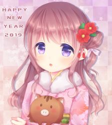 Rule 34 | 1girl, 2019, animal, blush, brown hair, caramel (caramelmilk), checkered background, chinese zodiac, commentary request, floral print, flower, fur collar, hair bun, hair flower, hair ornament, happy new year, japanese clothes, kimono, long hair, long sleeves, looking at viewer, new year, obi, one side up, original, parted lips, pig, pink kimono, print kimono, purple eyes, red flower, sash, side bun, single hair bun, single side bun, sleeves past wrists, solo, year of the pig