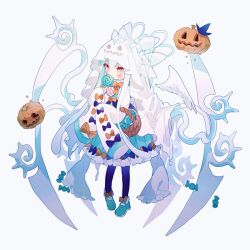 Rule 34 | 1girl, basket, blue bow, blue pantyhose, bow, bowtie, candy, commentary request, detached wings, feathered wings, food, full body, ghost costume, green footwear, green skirt, hibi89, holding, jack-o&#039;-lantern, lollipop, long hair, long sleeves, merc storia, orange bow, orange bowtie, pantyhose, pink eyes, pitana (merc storia), shirt, shoes, simple background, skirt, sleeves past fingers, sleeves past wrists, solo, swirl lollipop, white hair, white shirt, wings, wrapped candy