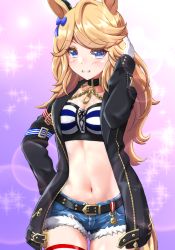 Rule 34 | 1girl, animal ears, bandeau, belt, black belt, black choker, black jacket, blonde hair, blue bow, blue eyes, blush, bow, breasts, choker, cleavage, commentary, cowboy shot, cutoffs, denim, denim shorts, gloves, gold city (umamusume), grin, hair bow, hand on own hip, highres, horse ears, jacket, lens flare, long hair, long sleeves, looking at viewer, medium breasts, midriff, musan (mu34mi), navel, open clothes, open jacket, purple background, short shorts, shorts, smile, solo, sparkle, standing, stomach, strapless, striped bandeau, swept bangs, tube top, umamusume, white gloves