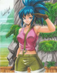 Rule 34 | 1girl, 2021, artist name, bare arms, bare shoulders, belt, blue eyes, blue hair, breasts, brown gloves, bush, cliff, closed mouth, collarbone, cowboy shot, earrings, female focus, fog, gloves, green shorts, high ponytail, highres, jewelry, large breasts, leona heidern, mountainous horizon, navel, outdoors, pink shirt, ponytail, ravernclouk design, shirt, shorts, sidelocks, sleeveless, sleeveless shirt, snk, solo, the king of fighters, traditional media, triangle earrings, water