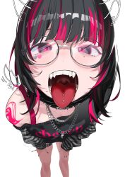 Rule 34 | 1girl, 38 (sanjuuhachi), absurdres, black hair, black nails, chain necklace, collar, drawn horns, foreshortening, glasses, hands on own knees, highres, jewelry, jirai kei, leaning forward, long sleeves, looking at viewer, mole, mole under eye, mole under mouth, multicolored hair, necklace, open mouth, original, piercing, pink eyes, pink hair, round eyewear, shoulder tattoo, simple background, single bare shoulder, solo, spiked collar, spikes, tattoo, teeth, tongue, tongue out, tongue piercing, two-tone hair, uvula, white background