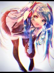 Rule 34 | 1girl, :d, adjusting heaphones, bare shoulders, bent over, black footwear, black skirt, black thighhighs, blue eyes, blue hair, blue necktie, boots, collared shirt, detached sleeves, full body, grey background, grey shirt, hair ornament, hand on headphones, hatou midori, hatsune miku, headphones, highres, letterboxed, long hair, long sleeves, looking at viewer, matching hair/eyes, necktie, open mouth, pleated skirt, shirt, simple background, skirt, sleeveless, sleeveless shirt, smile, solo, swept bangs, thigh boots, thighhighs, twintails, very long hair, vocaloid, zettai ryouiki