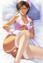 Rule 34 | 1girl, absurdres, anesthesia, anesthesia (rumble roses), black eyes, breasts, brown hair, cleavage, dark-skinned female, dark skin, female focus, garter straps, gloves, hat, highres, homare (fool&#039;s art), large breasts, lingerie, looking at viewer, lying, mouth hold, nurse, nurse cap, on back, panties, pillow, rumble roses, scan, short hair, solo, thermometer, thighhighs, underboob, underwear, white panties, white thighhighs, wrist cuffs
