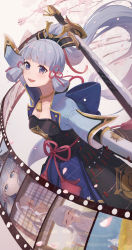 Rule 34 | 1girl, absurdres, armor, ayaka (genshin impact), blue hair, cherry blossoms, closed eyes, closed mouth, film strip, genshin impact, hair ribbon, highres, holding, holding sword, holding weapon, katana, light blue hair, long hair, looking at viewer, multiple views, odd (hin yari), open mouth, ponytail, purple eyes, ribbon, smile, solo, sword, tress ribbon, very long hair, weapon
