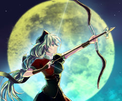 Rule 34 | 1girl, arrow (projectile), bad id, bad pixiv id, bow (weapon), braid, corset, drawing bow, dress, female focus, full moon, hat, holding bow (weapon), long hair, moon, nr (cerumia), nr (cmnrr), profile, silver hair, solo, touhou, upper body, weapon, yagokoro eirin