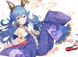 Rule 34 | 10s, 1girl, alternate costume, animal ears, bare shoulders, blue hair, blue kimono, breasts, detached sleeves, earrings, erune, ferry (granblue fantasy), floral print, from side, granblue fantasy, hair ornament, highres, hoop earrings, interlocked fingers, japanese clothes, jewelry, kimono, long hair, looking at viewer, nan (jyomyon), obi, own hands clasped, own hands together, rabbit ears, sandals, sash, sideboob, single earring, small breasts, solo, wavy hair, wide sleeves, yellow eyes