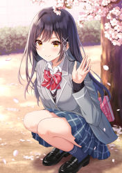 Rule 34 | 1girl, arm behind back, black footwear, black hair, black sweater, blazer, blouse, blue socks, bow, bowtie, cherry blossoms, collared shirt, falling petals, grey jacket, hair ribbon, highres, jacket, loafers, long hair, looking at viewer, original, outdoors, petals, plaid, plaid skirt, pleated skirt, red bow, red bowtie, ribbon, school uniform, shirt, shoes, skirt, smile, socks, solo, squatting, sweater, textless version, white shirt, yatomi, yellow eyes