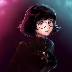 Rule 34 | 1girl, black hair, blush, breasts, covered erect nipples, cross, cross necklace, eyebrows, glasses, hunter x hunter, jewelry, medium breasts, necklace, realistic, shizuku murasaki, short hair, sillyselly, solo, turtleneck, upper body