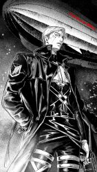 Rule 34 | 1boy, aircraft, airship, alternate costume, alternate universe, belt, chiamo (lmc clm), coat, embers, erwin smith, feet out of frame, from below, greyscale, gun, highres, holding, holding gun, holding weapon, male focus, monochrome, open clothes, open coat, parted lips, shingeki no kyojin, short hair, solo, standing, survey corps (emblem), thick eyebrows, three-dimensional maneuver gear, weapon