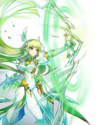 Rule 34 | absurdres, bodysuit, bow (weapon), breasts, cleavage, daybreaker (elsword), elbow gloves, elf, elsword, gloves, green eyes, green hair, green neckwear, green wings, hair blowing, highres, holding, holding bow (weapon), holding weapon, large breasts, long hair, official art, pointy ears, rena erindel, skin tight, solo, thigh gap, transparent background, very long hair, weapon, white bodysuit, white gloves, wind, winged hair ornament, wings