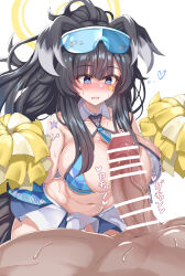 Rule 34 | 1boy, 1girl, animal ears, artist request, bar censor, black hair, blue archive, blue skirt, blush, breasts, censored, cheerleader, detached collar, dog ears, eyewear on head, facial mark, fang, grey hair, halo, hibiki (blue archive), hibiki (cheer squad) (blue archive), highres, huge penis, large breasts, millennium cheerleader outfit (blue archive), multicolored clothes, multicolored hair, name tag, navel, necktie, open mouth, penis, penis awe, pom pom (cheerleading), sidelocks, simple background, skin fang, skindentation, skirt, star (symbol), sweat, veins, veiny penis, white background, white skirt
