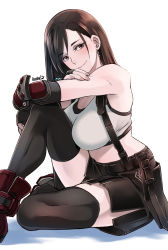 Rule 34 | 1girl, arm on knee, belt, black belt, black gloves, black hair, black skirt, black thighhighs, blush, breasts, butcha-u, commentary request, crop top, dangle earrings, earrings, elbow pads, final fantasy, final fantasy vii, final fantasy vii remake, fingerless gloves, gloves, highres, jewelry, knee up, large breasts, long hair, looking at viewer, miniskirt, pencil skirt, red eyes, red footwear, revision, shirt, simple background, sitting, skirt, smile, solo, suspender skirt, suspenders, suspenders gap, swept bangs, tank top, taut clothes, taut shirt, thighhighs, tifa lockhart, white background, white tank top, zettai ryouiki