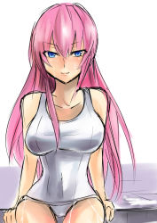 Rule 34 | 1girl, blue eyes, blush, breasts, female focus, large breasts, long hair, megurine luka, nishida megane, one-piece swimsuit, pink hair, simple background, sketch, smile, solo, swimsuit, vocaloid, white one-piece swimsuit