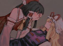 Rule 34 | 2girls, ascot, bare shoulders, black eyes, black hair, blonde hair, blush, bow, detached sleeves, eye contact, face-to-face, frown, grey background, hair bow, hair tubes, hakurei reimu, hand on another&#039;s face, hat, hat ribbon, highres, looking at another, mob cap, multiple girls, nail polish, ochio, purple eyes, purple nails, purple tabard, red bow, red ribbon, red shirt, ribbon, shirt, sidelocks, simple background, smile, tabard, touhou, white headwear, yakumo yukari, yellow ascot, yuri
