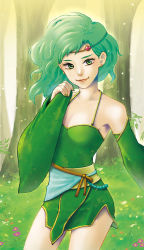 Rule 34 | 1girl, breasts, bridal gauntlets, closed mouth, detached sleeves, dress, earrings, final fantasy, final fantasy iv, forest, graphite (medium), green eyes, green hair, hair ornament, jewelry, long hair, looking at viewer, nature, aged up, rydia (ff4), smile, solo, traditional media