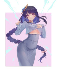 Rule 34 | 1girl, absurdres, alternate costume, ariakk, blush, braid, breasts, chinese commentary, closed mouth, covered navel, cropped shirt, electricity, feet out of frame, flower, genshin impact, grey shirt, grey skirt, hair flower, hair ornament, heart, heart-shaped pupils, high-waist skirt, highres, lips, long hair, long sleeves, looking at viewer, low-braided long hair, low-tied long hair, medium breasts, pink background, purple eyes, purple hair, raiden shogun, ribbed shirt, see-through, shirt, simple background, skirt, sleeves past wrists, smile, solo, standing, symbol-shaped pupils, taut clothes, taut skirt, underboob, very long hair