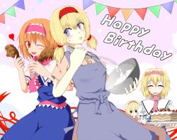 Rule 34 | 4girls, alice margatroid, alternate hairstyle, apron, blue apron, blue dress, blue eyes, blush, bowl, brown eyes, cake, capelet, closed eyes, closed mouth, commentary request, cookie (touhou), cowboy shot, dress, dual wielding, foil, food, fried chicken, frilled hairband, frilled neckwear, frills, fruit, hair between eyes, hairband, happy birthday, heart, highres, hinase (cookie), holding, holding bowl, looking at another, looking at viewer, looking to the side, multiple girls, multiple persona, neckerchief, one eye closed, open mouth, parody, pink hairband, pink neckerchief, pink sash, red eyes, red hairband, sakuna brownie, sash, short hair, smile, strawberry, streamers, style parody, touhou, twintails, whisk, white capelet