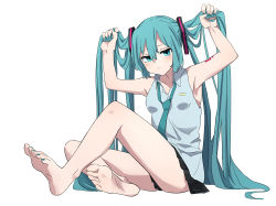 Rule 34 | 1girl, absurdres, barefoot, blue eyes, blue hair, blush, feet, hair lift, hatsune miku, highres, long hair, looking at viewer, necktie, soles, toes, twintails, vocaloid