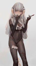 Rule 34 | 1girl, absurdres, ajirui, au ra, black bodysuit, blood, blue eyes, blush, bodysuit, breasts, bridal garter, cleavage, crop top, cross, cross necklace, dragon tail, feet out of frame, final fantasy, final fantasy xiv, grey background, hair ribbon, highres, holding, holding knife, horns, jewelry, knife, long hair, looking at viewer, medium breasts, necklace, pouch, ribbon, scales, see-through, simple background, solo, standing, tail, thigh pouch, veil, warrior of light (ff14), white hair