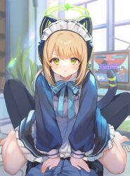 Rule 34 | 1girl, animal ear headphones, animal ears, barefoot, belt, black belt, black pants, blonde hair, blue archive, blue bow, blue bowtie, bow, bowtie, cat ear headphones, commentary request, fake animal ears, game over, green eyes, green halo, halo, hand on another&#039;s stomach, headphones, highres, indoors, light particles, long sleeves, looking at viewer, maid, marekamico, midori (blue archive), paid reward available, pants, plant, potted plant, pout, pov, sitting, sitting on person, sleeve cuffs, solo, straddling, tearing up, television, thighs, window