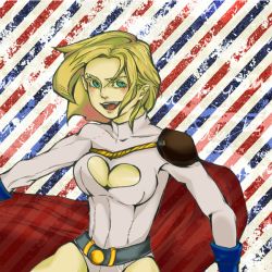 Rule 34 | 1girl, alien, belt, blonde hair, blue eyes, breasts, cape, cleavage, cleavage cutout, clothing cutout, dc comics, female focus, gloves, heart cutout, image sample, kryptonian, open mouth, pixiv sample, power girl, red cape, short hair, smile, solo, striped, striped background, superhero costume