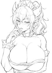 Rule 34 | 1girl, blush, bowsette, breasts, cleavage, female focus, horns, huge breasts, mario (series), monochrome, mushi024, new super mario bros. u deluxe, nintendo, pointy ears, ponytail, solo
