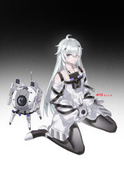 Rule 34 | 1girl, 1other, ahoge, angry, bandage over one eye, black pantyhose, dated, detached sleeves, dress, grey dress, grey eyes, grey hair, highres, holding, long hair, long neck, looking at viewer, mechanical foot, no.21&#039;s buddy (punishing: gray raven), no.21: xxi (punishing: gray raven), no.21 (punishing: gray raven), non-humanoid robot, pale skin, pantyhose, punishing: gray raven, robot, shui qian he kafei, sleeves past fingers, sleeves past wrists, suspenders, very long hair