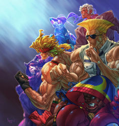 Rule 34 | 2girls, 4boys, alex (street fighter), arm guards, balrog (street fighter), biceps, black hair, blonde hair, boxing gloves, capcom, dark skin, eyebrows, eyepatch, fighting stance, fingerless gloves, forehead jewel, formal, glasses, gloves, guile, han juri, headband, highres, hood, ibuki (street fighter), kunai, md5 mismatch, military, military uniform, multiple boys, multiple girls, muscular, panzer (pnzrk), pnzrk, ponytail, resized, resolution mismatch, school uniform, sleeves rolled up, source larger, street fighter, street fighter v, suit, sunglasses, suspenders, thick eyebrows, topless male, uniform, urien, weapon, white hair
