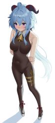 Rule 34 | 1girl, absurdres, ahoge, arms behind back, bare arms, bell, black legwear, blue hair, blush, bodystocking, bodysuit, breasts, covered navel, full body, ganyu (genshin impact), genshin impact, groin, high heels, highres, holding own arm, horns, leavv, long hair, looking away, medium breasts, neck bell, no gloves, purple eyes, revision, sidelocks, sleeveless, solo, standing, thighlet, thighs, white background